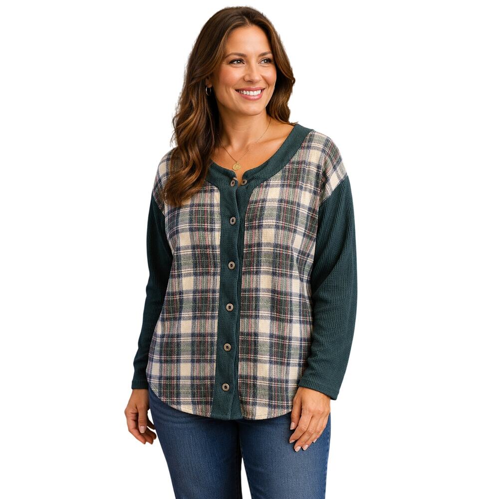 Vintage Plaid Waffle Knit Henley Top Christmas Green Long Sleeve Button Front